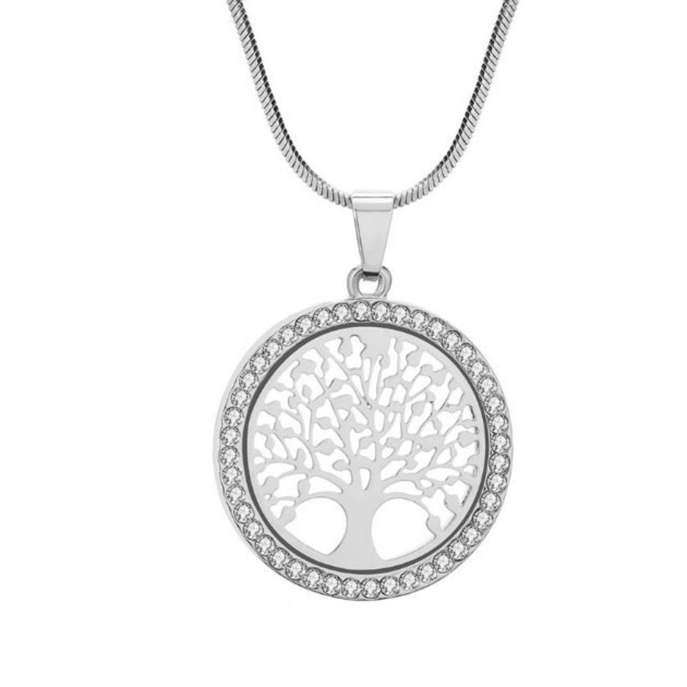 Round tree of life crystal pendant silver necklace